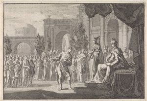 Hyrkanus perante o trono de Ptolomew Philadelphus de Jan Luyken