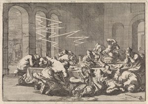 Na aldeia polaca de Perzyn, 23 pessoas são mortas por um relâmpago durante uma refeição baptismal, 1676 de Jan Luyken