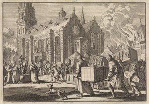 Os habitantes de Spires de boa fé trazem seus móveis para a catedral onde são posteriormente queimados pelo general francês Monclar, 1689 de Jan Luyken