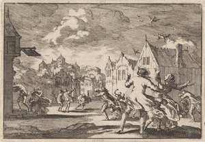 Os residentes de uma aldeia perto do Castelo de Luchow em Lüneburg são assolados por um turbilhão em que as aves caem mortas do céu, 1671 de Jan Luyken