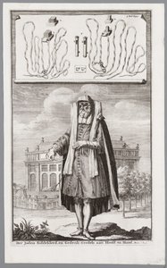 Homem judeu, vestido para a oração. No fundo, a Sinagoga Portuguesa de Amsterdã de Jan Luyken