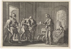 Mãe mostra aos guerreiros os restos de seu filho comido durante a fome em Jerusalém, 1704. de Jan Luyken
