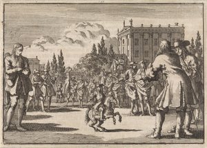 Em uma praça em Madrid uma multidão se reuniu em torno de Louisillo, o anão do rei da Espanha, 1675 de Jan Luyken