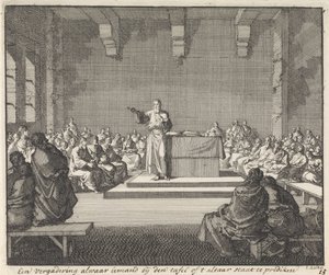 Sermão de um padre num altar
Uma assembleia onde alguém está à mesa ou na pregação do altar (título sobre o objecto) de Jan Luyken