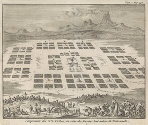 Acampamentos das Doze Tribos de Israel colocados ao redor do Tabernáculo Campement des XII Tribus, et celui des Levites tout autour du Tabernacle (título no objeto)