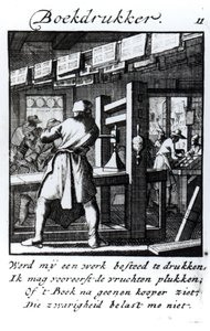 The Book Printer, do livro "Something for All" de Abraham van St. Clara, 1736 (gravura) de Jan Luyken