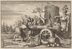 Durante o bombardeamento francês de Argel, o cônsul francês é carregado num canhão pelos argelinos e morto, 1683 de Jan Luyken