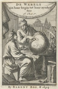 Dois homens estudam um globo
Página de título para: J. Ray, O mundo desde o seu início até ao seu fim, 1694 de Jan Luyken