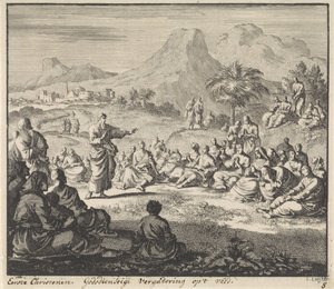 Os primeiros cristãos ouvem um sermão no deserto Reunião religiosa no campo (título no objeto) de Jan Luyken
