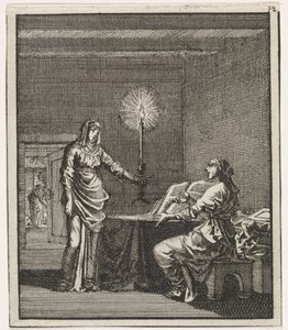 Mulher ilumina uma mulher lendo em um quarto escuro com uma vela de Jan Luyken