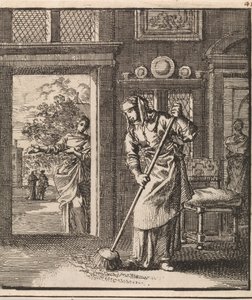 Mulher a varrer o chão de uma habitação de Jan Luyken