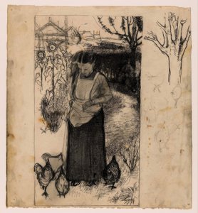 Annie Mankes-Zernike alimentando galinhas, certo: estudos de uma árvore e galinhas de Jan Mankes