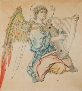 Cartão para a policromia da Igreja de Santa Maria - Figura de um anjo a tocar alaúde de Jan Matejko