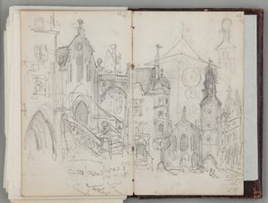 Caderno de esboços de Munique de Jan Matejko. Desenho de uma só face. Frente: estudo da antiga Marienplatz em Munique e estudo de torres. de Jan Matejko