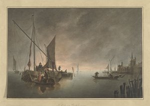 Navios para uma cidade murada ao pôr do sol de Jan Matthias Cok