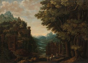 Paisagem montanhosa com vale de rio e castelos de Jan Meerhout