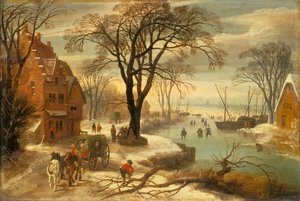 Uma paisagem de inverno com habitantes da cidade no gelo (óleo) de Jan and Momper Joos de Brueghel
