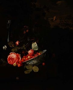 Ainda vida de morangos silvestres, uma rosa e uma garrafa de vidro, 1690