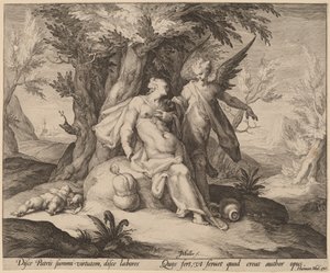 Hagar no deserto consolada por um anjo de Jan Muller