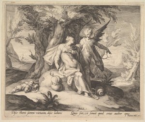 Hagar no deserto consolada por um anjo, c. 1609. de Jan Muller