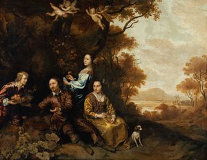 Retrato de grupo de um cavalheiro, sua esposa e filha (óleo sobre tela)