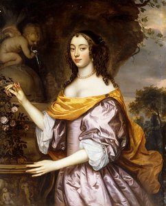 Retrato de uma senhora, de três quartos de comprimento, usando um vestido de seda lavanda e um xale amarelo