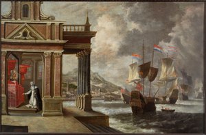 A Batalha de Lepanto: Santa Catarina de Ricci e o embarque, 1671. de Jan Peeters the Elder