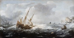 Navios em uma tempestade em uma costa rochosa