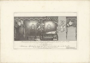 Lado direito do salão com a majestade do príncipe William IV, 1751 Representação Geometrale du Côte Droit (...) / Meetkonstige Imagem do Lado Direito do Salão e do Lado Esquerdo da Cama Splendor, com o Perfil de 