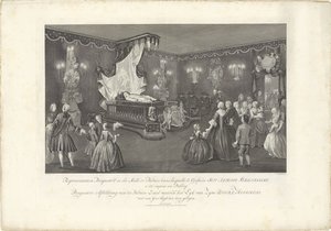 Salão com a Cama de Desfile do Príncipe Guilherme IV, 1751
Perspectiva de Representação da Salle de Parade (...) Perspectiva da Salle de Parade em que a Lyk de Zyne Doorl. Alteza está deitada perante um yder (título sobre o objecto)
Cama de desfile de W de Jan Punt