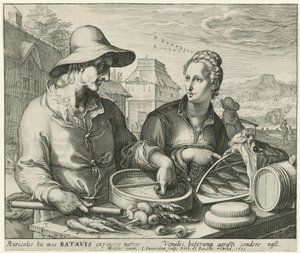 Agricultor e mulher de um agricultor numa banca de mercado de Jan Saenredam