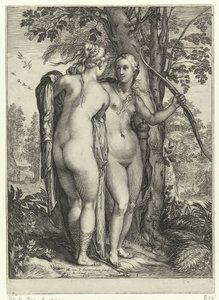 Diana e uma ninfa na frente de uma árvore Diana e suas ninfas (título da série)