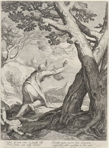 Elias deixa o mundo numa carruagem de fogo e deixa o seu manto para Elisha
Quatro cenas da vida dos profetas Aquias e Elias (título da série) de Jan Saenredam