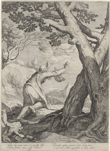 Elias deixa o mundo numa carruagem de fogo e deixa o seu manto para Elisha
Quatro cenas da vida dos profetas Aquias e Elias (título da série) de Jan Saenredam
