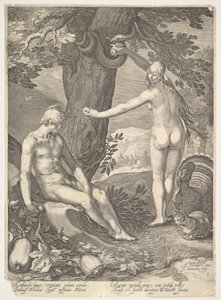 Eva dando a Adão o fruto proibido, da história de Adão e Eva. de Jan Saenredam