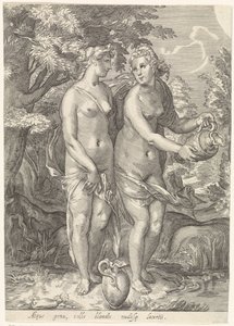 Duas das Ninfas de Diana por um riacho Diana e suas ninfas (título da série) de Jan Saenredam