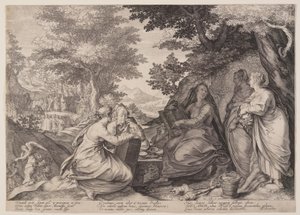 As virgens sábias reunidas numa paisagem antes da pregação do Batista, da Parábola das Virgens Sábias e das Virgens Loucas de Jan Saenredam