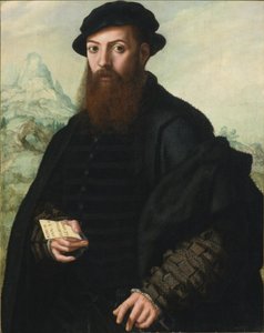 Retrato de um homem barbudo, de 34 anos, diante de uma paisagem extensa de Jan Sanders van Hemessen