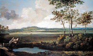 Uma Paisagem Extensiva com Córrego e Cavalos a pastar (óleo sobre tela)