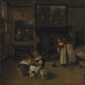 Interior com uma mulher bordando e balançando uma criança em um berço de Jan Siberechts