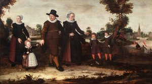 Retrato de grupo do pintor Jan Siewertz Kolm, da sua mulher Fijtge Lindemans, dos seus filhos Anna Jansdr., Siewert Jansz. e Hans Jansz. com uma criada de Jan Siewertz Kolm