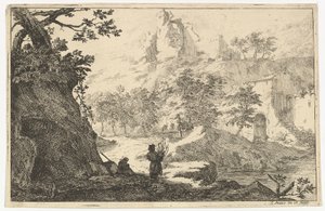 Paisagem com ruínas de um castelo sobre uma colina, início do século XVIII. de Jan Smees