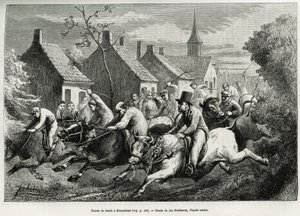 Corrida de bois em Braesschaet, aldeia de polder, para celebrar o animal empregado em todos os penibles, ele é então adornado com guirlandas de flores, escalado pelo seu gado para uma corrida pela aldeia e sob o incentivo da multidão. Gravura de Jan S de Jan Stobbaerts