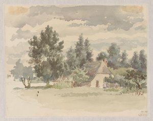 Paisagem com uma fazenda cercada por árvores