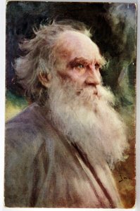 Literatura. O escritor russo Leo Tolstoi. Postal de Jan Styka, França, c.1910 (cartão postal)