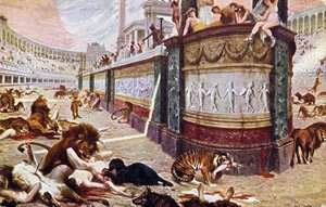 Cartão postal representando os jogos sangrentos na arena em Roma, ilustração de &39;Quo Vadis&39;, 1910