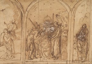 Um Desenho para um Tríptico com a Adoração dos Dois Santos, início do século XVII. de Jan Symonsz. Pynas