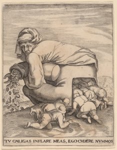 O homem da bolsa de dinheiro e seus bajuladores de Jan Theodor de Bry after Pieter Bruegel the Elder