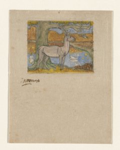 Veado perto de uma árvore na frente de uma lagoa Cervo perto de uma árvore (título original) de Jan Toorop (signed by artist)