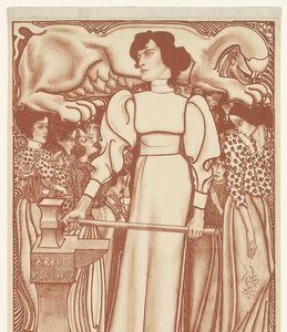 Trabalho para as mulheres. Bilhetes de lotaria para a Exposição Nacional do Trabalho das Mulheres a 50 cêntimos disponíveis nas instalações e nos Depósitos. Primeiro prémio uma peça de joalharia no valor de f.1000 (título sobre o objecto) de Jan Toorop